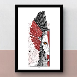 May include: A framed art print featuring a detailed black and white ink illustration of a figure with a large, red and black feathered headdress. The figure has a striking orange eye and a vertical red stripe painted down the center of the face.