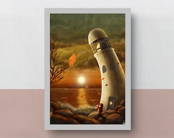 The Friendly Lighthouse in Autumn | A5 or A4 print | imaginative artwork | original illustration of a happy lighthouse and its keeper