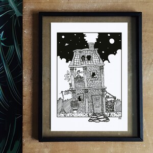Enjoying A4 print imaginative artwork original illustration of a unique and cosy house underneath a starry sky image 2