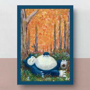 Ronflex endormi | Impression A4 | oeuvre d'art imaginative | peinture acrylique originale du Pokémon Snorlax qui dort beaucoup