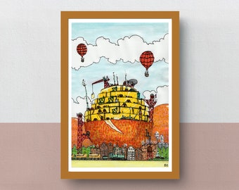 The Orange Mines | A5 or A4 print | imaginative artwork | original illustration of authentic industry in the middle of an orange