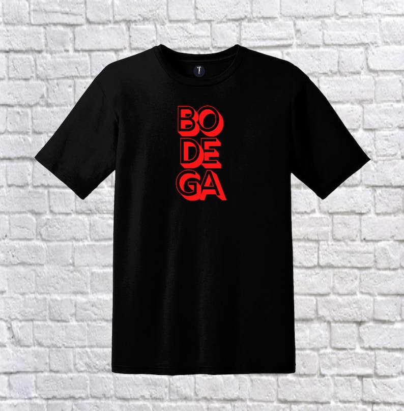 May include: Black t-shirt with a red "BODEGA" graphic printed on the front. The letters are stacked vertically and have a 3D effect.