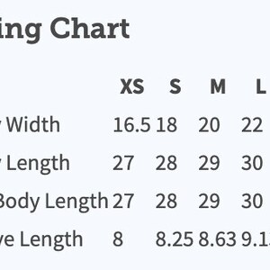 May include: Sizing chart for clothing with measurements in inches for body width, body length, full body length, and sleeve length. Sizes include XS, S, M, L, and XL.