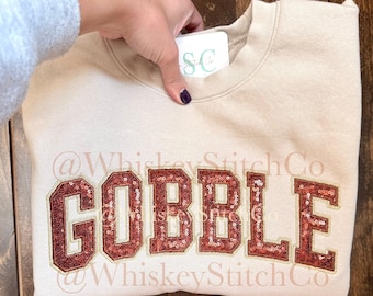 SEQUIN GOBBLE THANKSGiViNG SWEATSHIRT, Fall Sequin Applique, Embroidered Thanksgiving Sweatshirt, Christmas Sweater, Festive Pullover