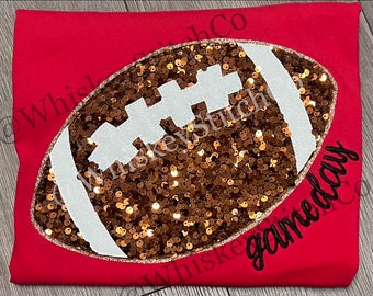 GAMEDAY SHORT SLEEVE  Sparkly Football Embroidered Sequin Applique, Tailgate Tee,  Applique Tshirt