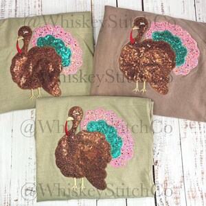 Sequin Turkey Long Sleeve Thanksgiving Tshirt, Festive Sparkly Fall Shirt, Gobble Gobble Friendsgiving Outfit, Turkey Day, Turkey Trot Shirt Khaki