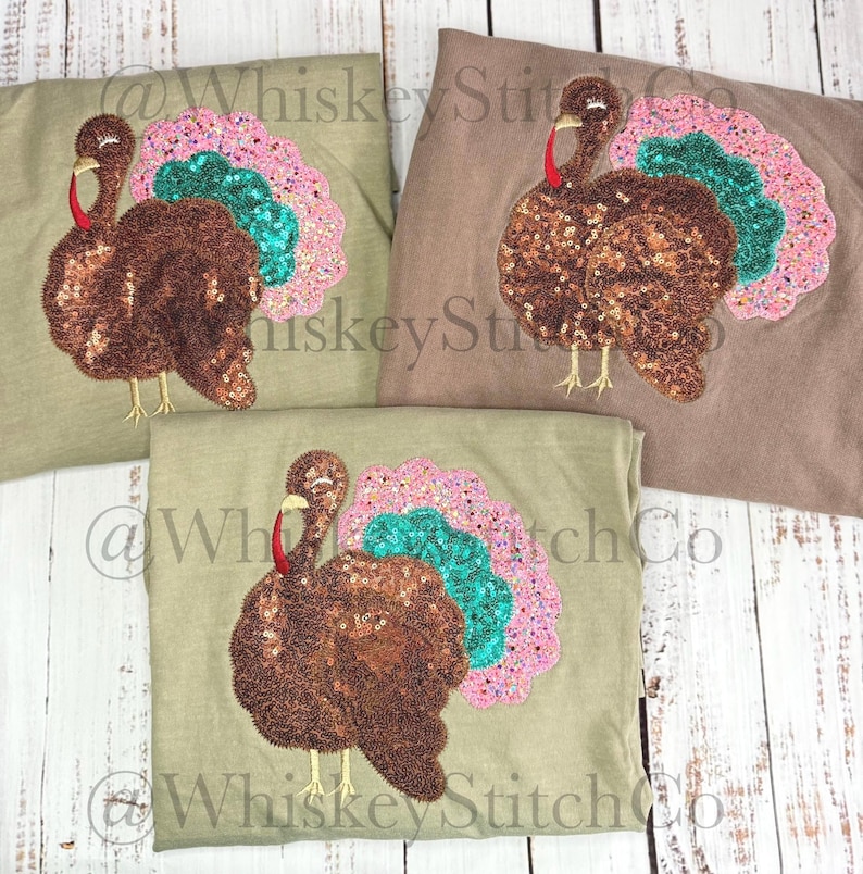 Sequin Turkey Long Sleeve Thanksgiving Tshirt, Festive Sparkly Fall Shirt, Gobble Gobble Friendsgiving Outfit, Turkey Day, Turkey Trot Shirt Khaki