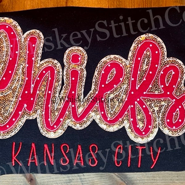 CHIEFS Short Sleeve Sparkly Glitter Sequin Applique Embroidered, Gameday, Sportswear, T-shirt, Spirit Wear, Stadium Wear