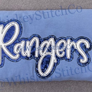 RANGERS SHORT SLEEVE T-shirt Sparkly Glitter Sequin Applique Embroidered, Gameday Sportswear, School Mascot, Fan Gear, Baseball Stadium Wear