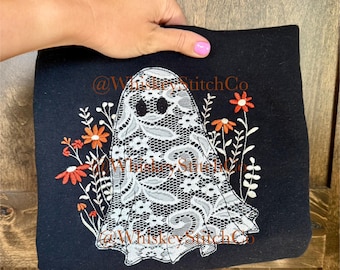 Lace Ghost Embroidered KID'S Tshirt, Halloween Appliqué Spooky Cute Halloween Shirt, Fall Cozy Aesthetic,  Ghost shirt, Ghoul Vibes