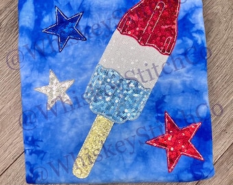 KIDS American Rocket Pop Pailletten funkelnde gestickte Applikation, 4. Juli, Inabhängigkeitstag gestickte Applikation, rot, weiß und blau
