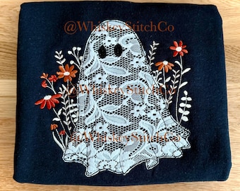 Lace Ghost Embroidered KID's Sweatshirt, Halloween Appliqué Spooky Cute Halloween Shirt, Fall Cozy Aesthetic, Ghost shirt, Ghoul Vibes