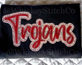 TROJANS SHORT SLEEVE Sparkly Glitter Sequin Applique Embroidered Gameday, Sportswear, T-shirt, School Mascot, Spirit Wear, Stadium Wear