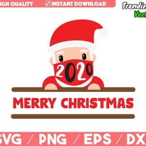 May include: A cartoon illustration of Santa Claus wearing a red face mask with the number 2020 on it. He is peeking over a brown banner with the text "Merry Christmas" in red letters.