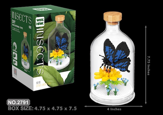 MEIEST Set di modellini di bouquet di fiori, simulazione di rose artificiali, bonsai, mattoni, giocattoli, scatola regalo portatile, decorazione per la casa (farfalla rosa