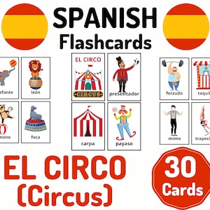 30 Tarjetas didácticas de vocabulario de circo en español - Aprender español - Aprendizaje a distancia en casa - Juego de tarjetas en español - Tarjetas didácticas educativas