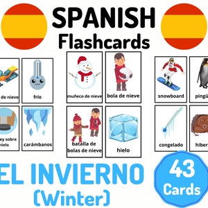 43 Spanish Winter Vocabulary Flashcards - Learning Spanish - Homeschool Distance Learning - Spanish Card Set - Educational Flash Cards