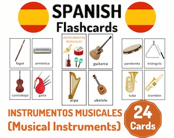 24 Spanish Musical Instruments Vocabulary Flashcards - Learning Spanish - Homeschool Learning - Spanish Card Set - Educational Flash Cards