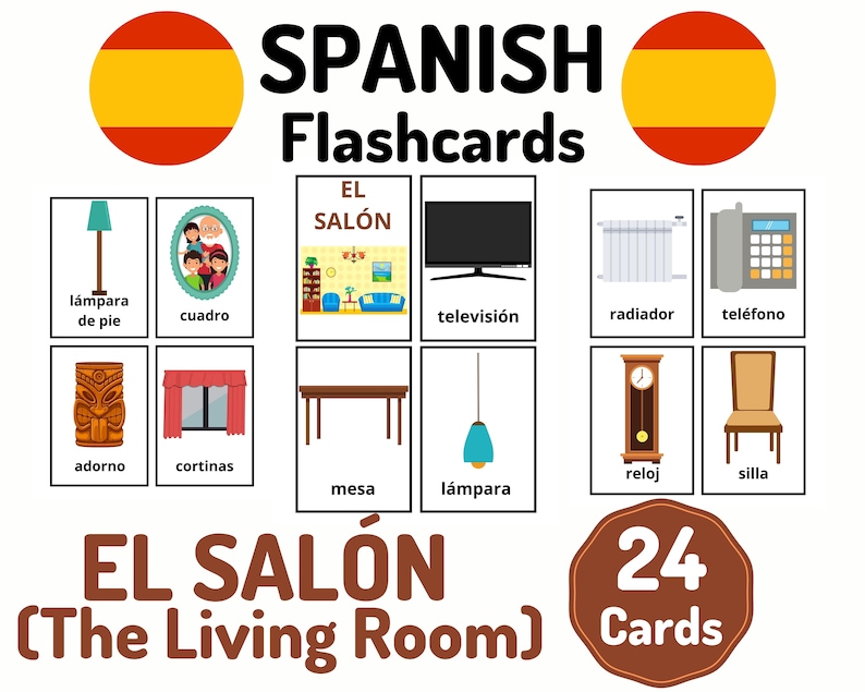 24 Spanish Living Room Vocabulary Flashcards Learning Etsy France