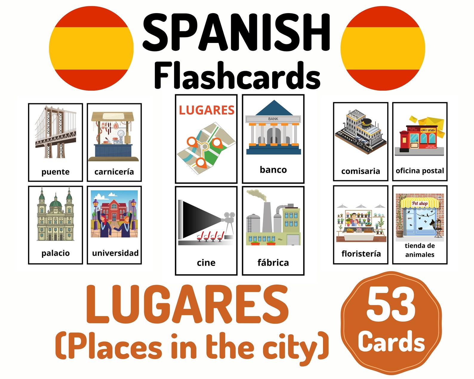 53 Spanish Places in the City Vocabulary Flashcards Learning Etsy