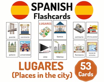 53 Spanish Places in the City Vocabulary Flashcards - Learning Spanish - Homeschool Learning - Spanish Card Set - Educational Flash Cards