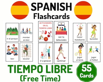 55 Spanish Free Time Vocabulary Flashcards - Learning Spanish - Homeschool Distance Learning - Spanish Card Set - Educational Flash Cards