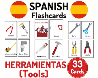 33 Spanish Tools Vocabulary Flashcards - Learning Spanish - Homeschool Distance Learning - Spanish Card Set - Educational Flash Cards