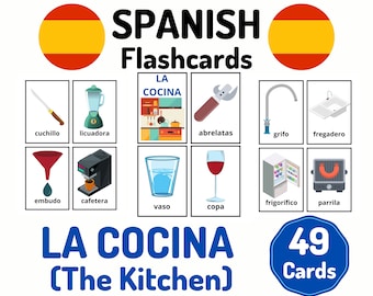 49 Spanish Kitchen Vocabulary Flashcards - Learning Spanish - Homeschool Distance Learning - Spanish Card Set - Educational Flash Cards