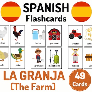 49 Spanish Farm Vocabulary Flashcards - Learning Spanish - Homeschool Distance Learning - Spanish Card Set - Educational Flash Cards