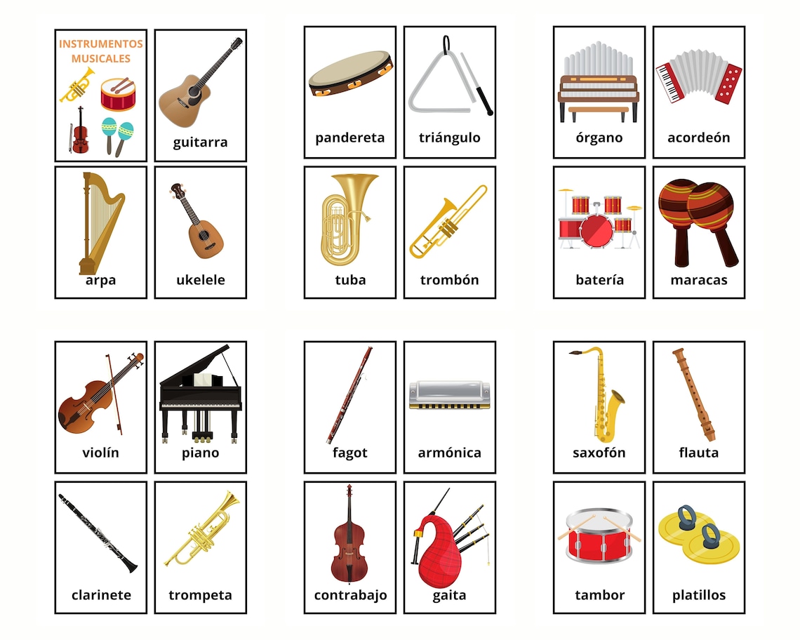 24 Spanish Musical Instruments Vocabulary Flashcards Learning Spanish