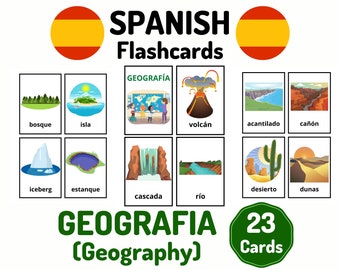 23 Spanish Geography Vocabulary Flashcards - Learning Spanish - Homeschool Distance Learning - Spanish Card Set - Educational Flash Cards