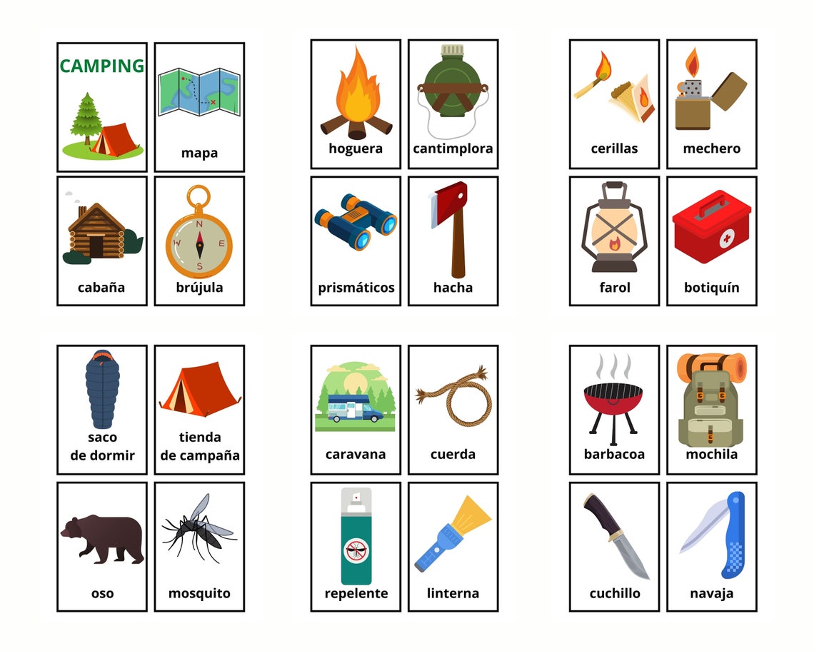 35 Spanish Camping Vocabulary Flashcards Learning Spanish Etsy Italia