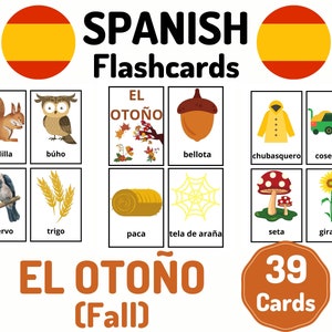 39 Spanish Fall Vocabulary Flashcards - Learning Spanish - Homeschool Distance Learning - Spanish Card Set - Educational Flash Cards
