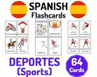 64 Spanish Sports Vocabulary Flashcards - Learning Spanish - Homeschool Distance Learning - Spanish Card Set - Educational Flash Cards
