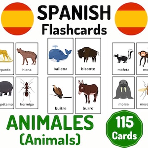 115 Tarjetas de Vocabulario de Animales en Español Animales Aprendiendo Español - Aprendizaje a Distancia en Casa - Tarjetas de Español - Tarjetas Flash Educativas