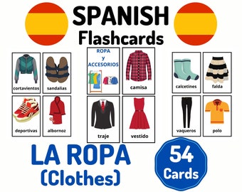 54 Spanish Clothing Vocabulary Flashcards - Learning Spanish - Homeschool Distance Learning - Spanish Card Set - Educational Flash Cards