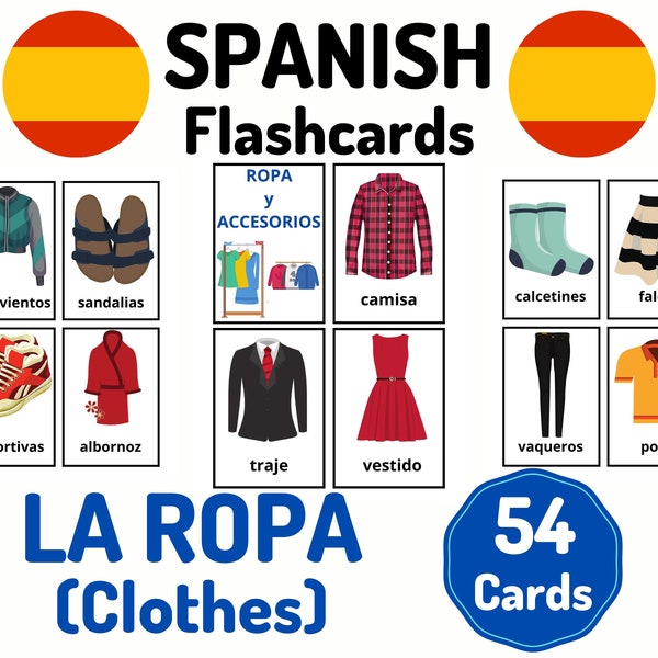 54 Spanish Clothing Vocabulary Flashcards - Learning Spanish - Homeschool Distance Learning - Spanish Card Set - Educational Flash Cards