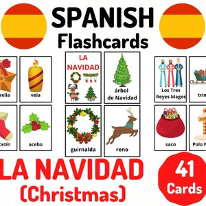 41 Tarjetas didácticas de vocabulario navideño en español - Aprender español - Aprendizaje a distancia en casa - Juego de tarjetas en español - Tarjetas didácticas educativas