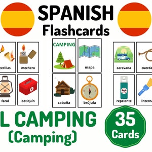 35 Spanish Camping Vocabulary Flashcards - Learning Spanish - Homeschool Distance Learning - Spanish Card Set - Educational Flash Cards