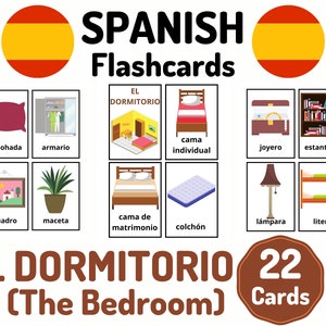 22 flashcard con vocabolario spagnolo per la camera da letto - Imparare lo spagnolo - Apprendimento a distanza in casa - Set di carte spagnole - Schede flash educative