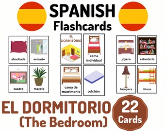22 Tarjetas didácticas de vocabulario para el dormitorio en español - Aprender español - Aprendizaje a distancia en casa - Juego de tarjetas en español - Tarjetas didácticas educativas