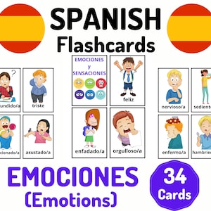34 Tarjetas didácticas de vocabulario de emociones en español - Aprender español - Aprendizaje a distancia en casa - Juego de tarjetas en español - Tarjetas didácticas educativas