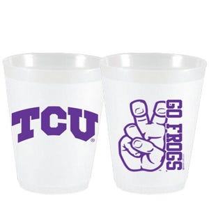 May include: Two clear plastic cups with purple logos. One cup has the text "TCU" and the other has the text "GO FROGS" with a peace sign.