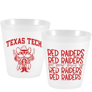 May include: Two white plastic cups with red text and graphics. One cup features the Texas Tech logo and mascot, the other cup has the text "Red Raiders" repeated four times.