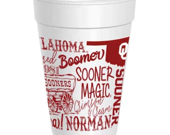 OU Cups - 25 Pack 16oz - Officially Licensed OU Traditions Wrap Styrofoam Cups - University of Oklahoma Graduation Gifts Tailgating Game Day