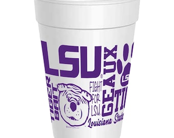 LSU Cups - 25 pack 16oz - Officially Licensed Louisiana State Geaux Tigers Traditions Wrap Disposable Styrofoam Cups