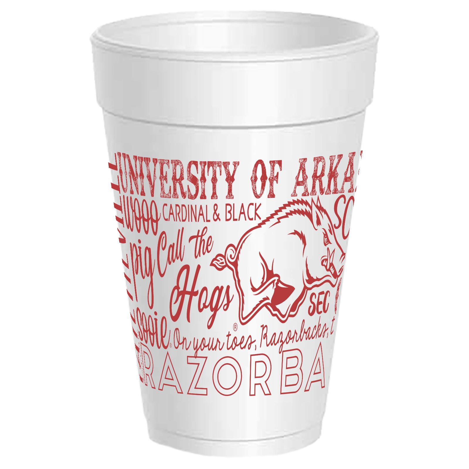 Arkansas Cups - 25 pack 16oz - Officially Licensed University of Arkansas Razorback Traditions Wrap Cups - Wooo Pig Sooie - Hogs