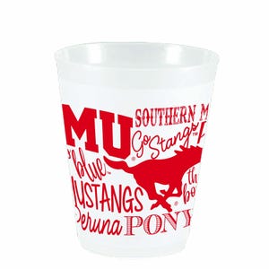 May include: White plastic cup with red and blue text and a red silhouette of a running horse. The text reads "MU Go Stangs Southern M.  's blue Mustangs  Peruna Pony".