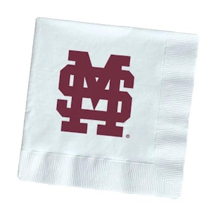 May include: White paper napkins with a maroon "MS" logo printed on them.