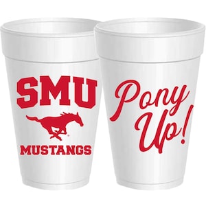 May include: Two white foam cups with red logos. One cup says "SMU Mustangs" with a red running horse. The other cup says "Pony Up!"